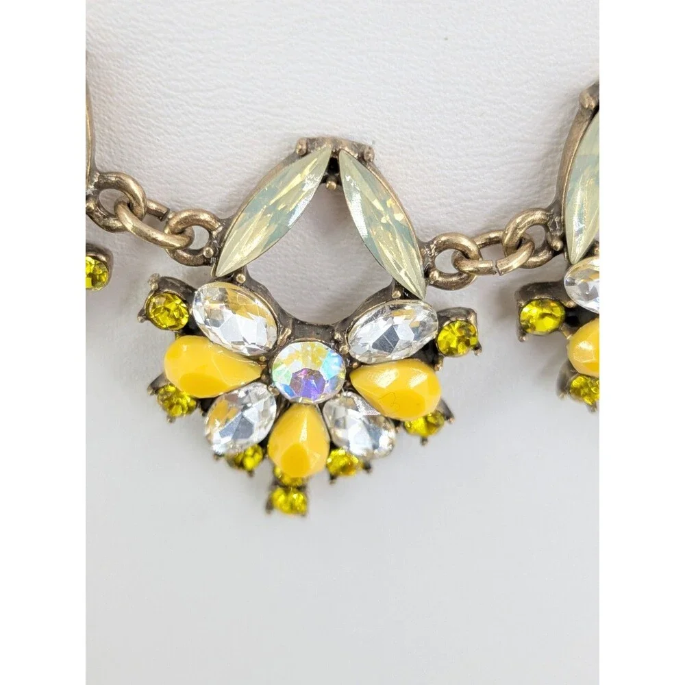 LOFT Statement Necklace Yellow Green Rhinestone Floral Gold Tone Resin 19 Inch